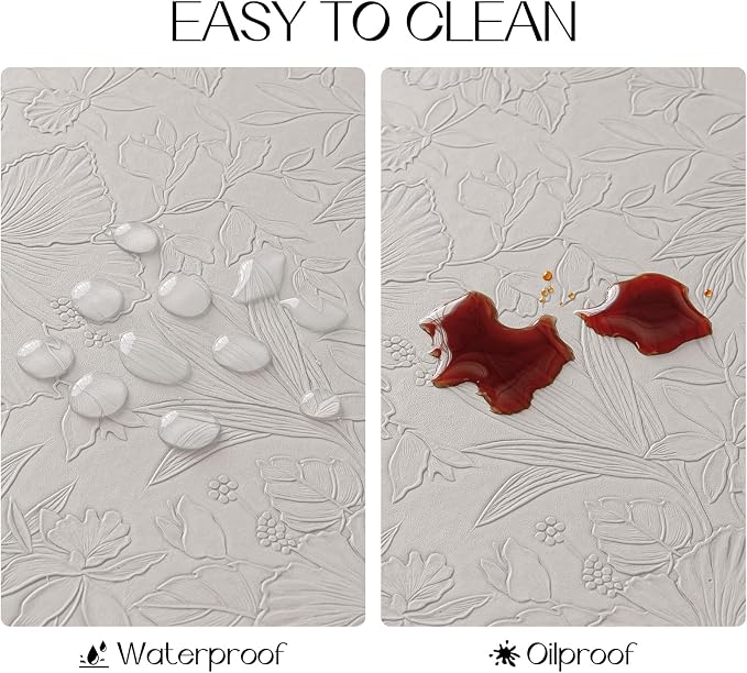 Romanstile Vinyl Placemats Set of 8-12 X 17 Inch - Heat Resistant Non-Slip Embossed Floral Place Mats 100% Waterproof Oilproof Wipeable Faux Leather Table Mats for Kitchen/Dining/Party, LightGrey