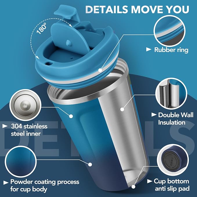Volhoply 12 oz Double Wall Insulated Vacuum Travel Coffee Mugs with Flip Lid Bulk 2 Pack,Reusable Stainless Steel Leak Proof Coffee Cup,Portable Thermal Tumbler for Cold & Hot Drinks(Dark Night,2 Set)