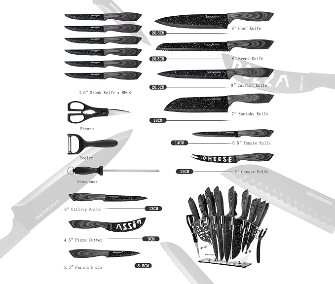 Kitchen Knife Set 19 Piece with Block High Carbon Stainless | 19 piece black knife set with block, high carbon stainless steel, steak knives, chef knife, bread knife, scissors & sharpener