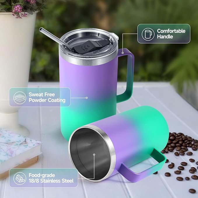 Volhoply 22oz Insulated Stainless Steel Coffee Mug with Leakproof Lid,Double Wall Vacuum Travel Coffee Cup with Handle,Reusable Metal Tumbler,Camping Mugs Keep Hot&Cold(Purple Green,1)