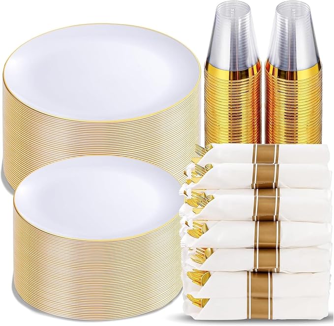 KIRE 350 PCS White and Gold Plates - Plastic Dinnerware Set for Wedding | Include 100PCS White Plastic Plates With Gold Rim, 50PCSPre Rolled Napkins with Silverware & 50PCS Cups for Party