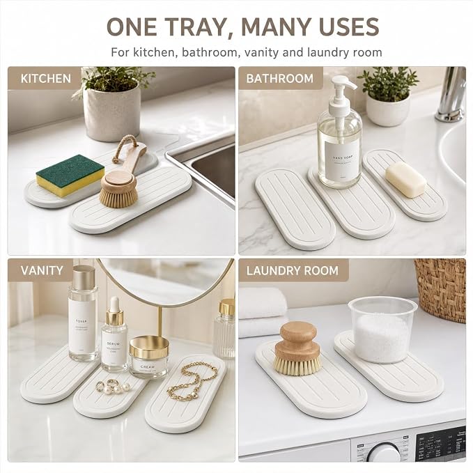 2PCS Water Absorbing Stone Drying Tray Mat for Bathroom Sink & Kitchen Counter Faucet Organizer Decor, Quick Dry Dish Soap Dispenser Sponge Holder, Vanity Sink Caddy Coaster,White -10"*3.8"