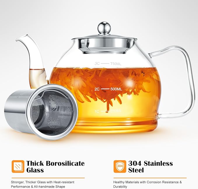 STNTUS Glass Teapot With Infuser, 27 oz / 800 ml for Loose Tea, Stainless Steel Strainer Teapots, Stovetop Safe