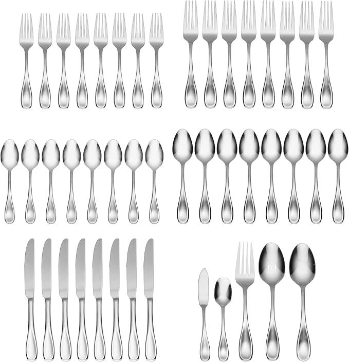 Oneida Voss 45-Piece 18/0 Silverware Set for 8, Flatware | mirror finish, dishwasher safe | includes serving spoons and utensil set | heavy duty, cutlery set for kitchen and dining