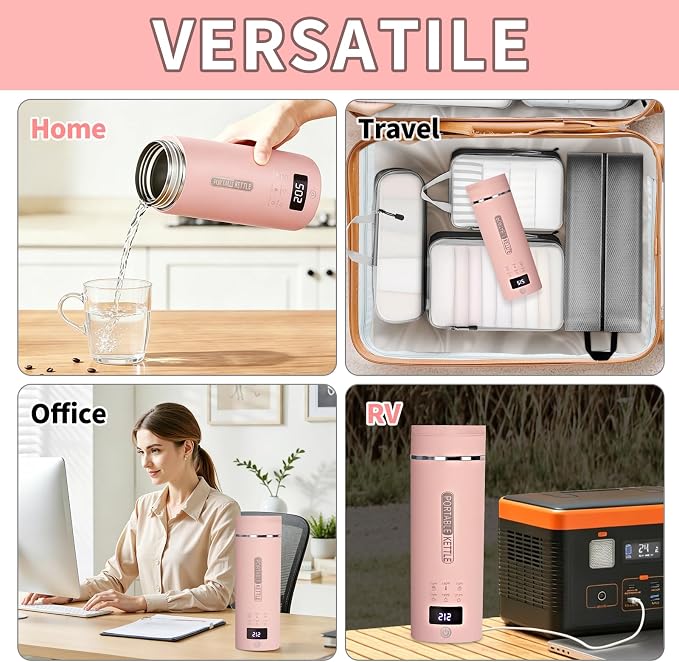 Pink Travel Electric Kettle with LCD Display, 6 Temperature Settings, 450ml / 15.2oz, 304 Stainless Steel, Auto Shut-Off and Dry Boil Protection, Compact and Portable Electric Kettle