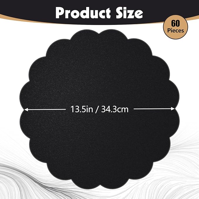 60 Pcs Black Paper Placemats, 13.5 Inch Disposable Scalloped Placemat | Round Table Place Mats Decorative Paper for Birthday Party Graduation Celebration Wedding Banquet Bridal Shower Party