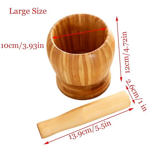 Wooden Pestle and Mortar Bamboo Bowl Set Guacamole Bowl Shell Garlic Pepper Press Mincer Grinder Chopper Crusher Molcajete Mixer for Guacamole,Herbs,Spices,Garlic,Medicine Pills,Seeds - Large