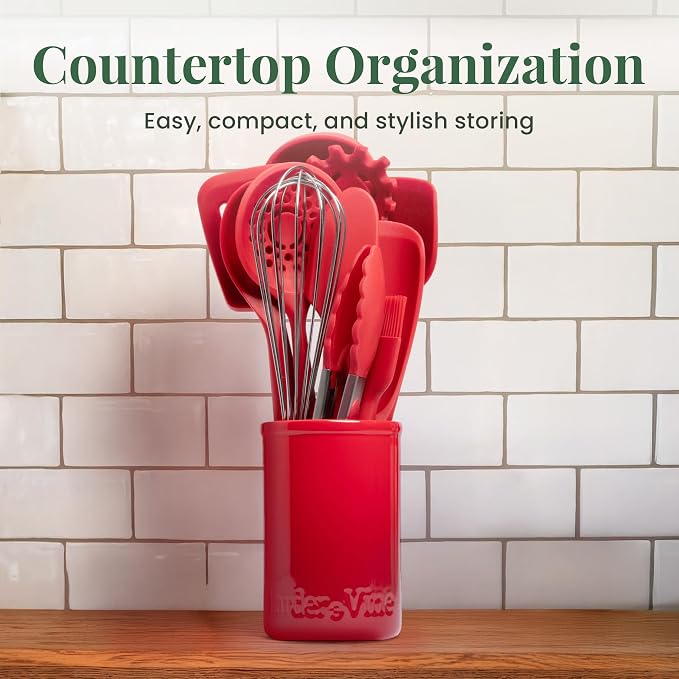 Larder & Vine 12-Piece Silicone Kitchen Cooking Utensils Set with Stainless Steel Handle and Ceramic Holder, Dishwasher Safe Set of Kitchen Essentials (Cabernet)