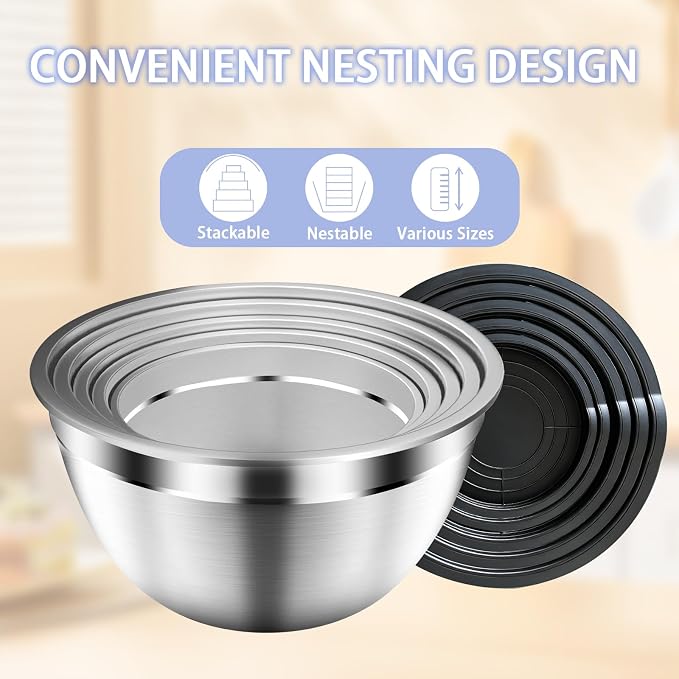 Mixing Bowls with Airtight Lids Set, 5 PCS Stainless Steel Black | Nesting Storage Bowls for Kitchen, Large Prep Metal Bowl, 5.5/4/3.5/2/1.5 QT for Mixing, Serving & Backing, Dishwasher Safe