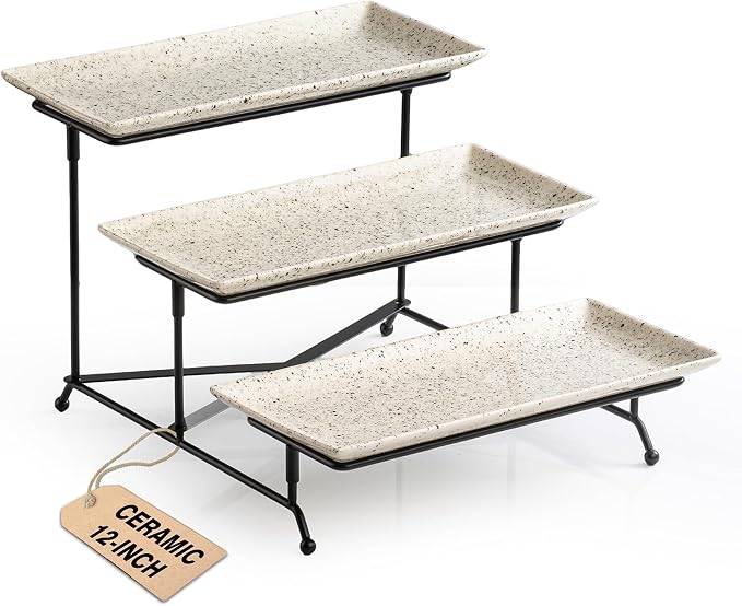 LAUCHUH 3 Tier Serving Tray, Porcelain Serving Platters and Trays for Party | 12 Inch Tiered Tray Stand Cupcake Stand with Collapsible Sturdier Rack & 2 Cross Bars for Thanksgiving Day, Speckled Glaze