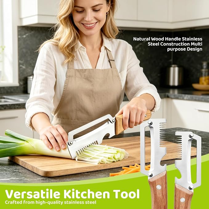 Left & Right Hand Vegetable Peeler Set with Scallion Slicer & Bottle Opener, Heavy-Duty Thick Stainless Steel Blade, Multi-Function Kitchen Peeler with Wooden Handle for Fruits & Vegetables(New 2pcs)