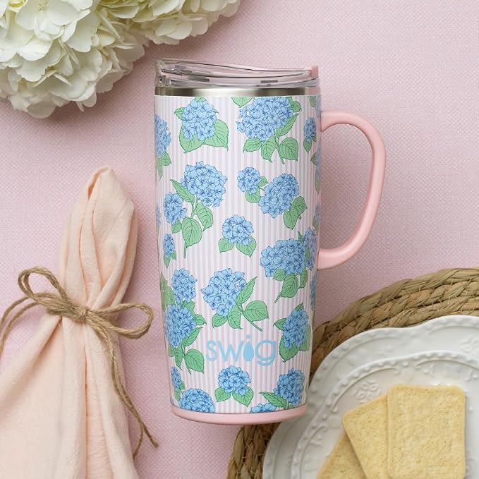 Swig Life 22oz Insulated Travel Mug with Handle & Lid, Hydrangeas | Triple Insulated Stainless Steel - Handle & Lid Included - Keeps Coffee Hot or Cold - Cup Holder Friendly