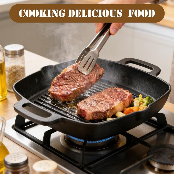 Cast Iron Grill Pan, 11 Inch Griddle Pan for Stove Top, Square Grill Pan with Handles for Stoves, Ovens, Barbecue