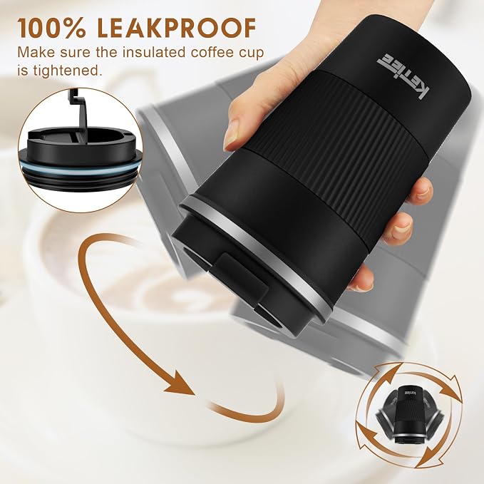 KETIEE Travel Mug 12oz, Vacuum Insulated Coffee Mug with Leakproof Lid, Travel Coffee Tumbler Stainless Steel Double Walled Reusable Coffee Cup for Hot and Iced Water (Black)