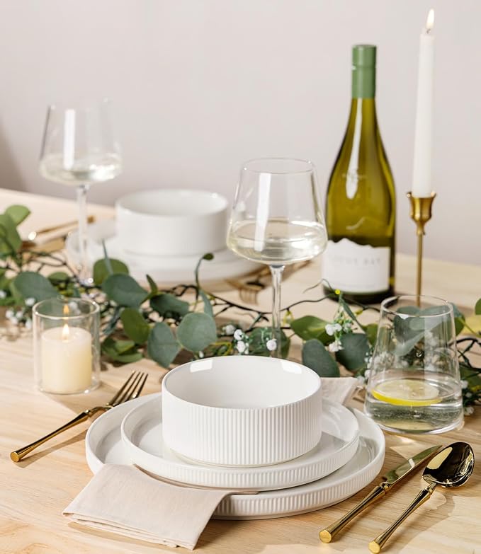 Ceramic Dinnerware Set for 8, 24-Piece Plates and Bowls Set | Lightweight Porcelain Dish Set, Scratch Resistant, Oven & Microwave & Dishwasher Safe, Bright White