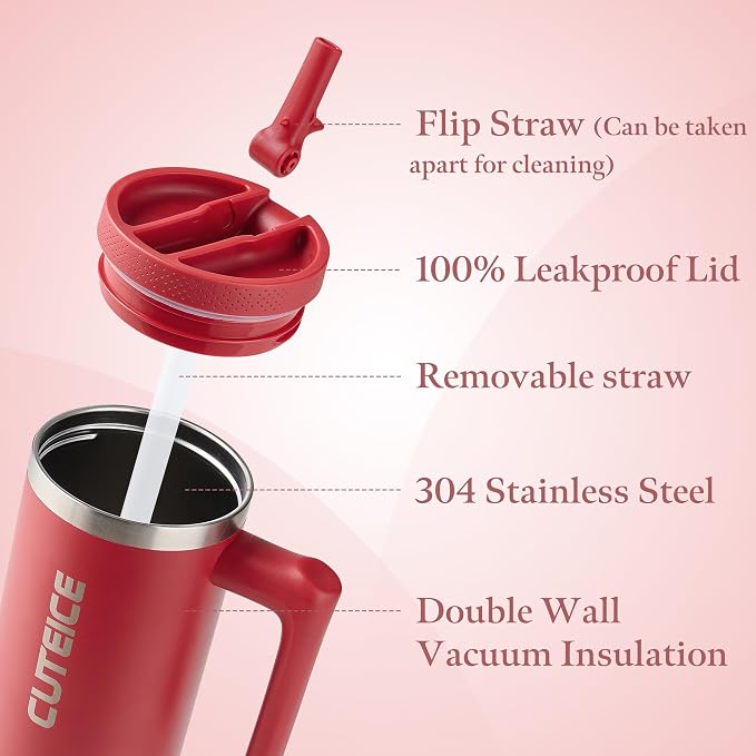 Deep Red 30 oz Tumbler with Handle Coffee Tumbler Cups with Lid and Straw, Double Wall Insulated Cup Stainless Steel Travel Mug Water Bottle for Iced Tea, Coffee, Cold Beverages Gifts for Women