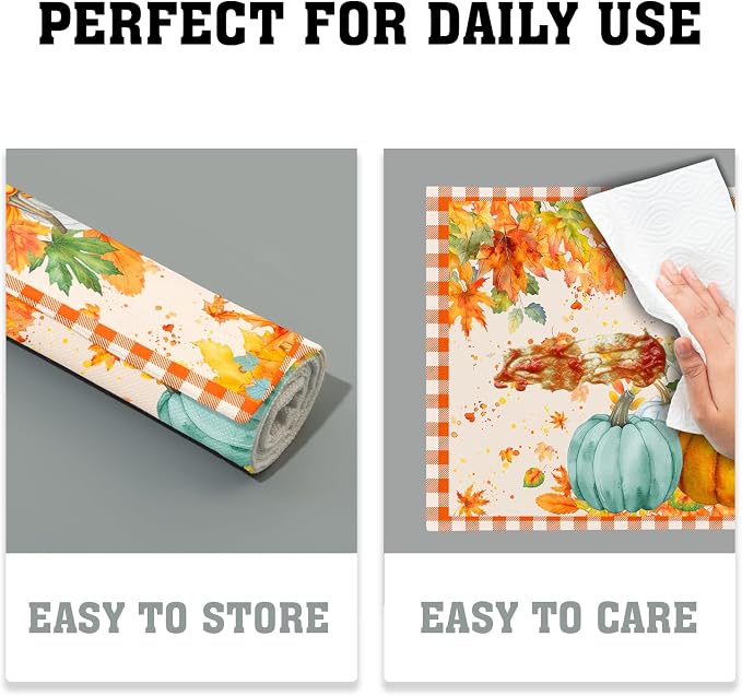 Fall Thanksgiving Placemats Set of 6 18x12 Inch Autumn Pumpkins Maple Leaves Linen Place Mats Heat-Resistant Washable Wipeable Orange Plaid Table Mat for Party Kitchen Dining Room Dinner Table Decor