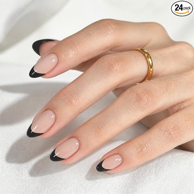 Press On Nails, Black French, Short Almond | French Tip UV Finish Short Almond Fake Nails Salon Quality Nails in 12 Sizes - 24 Nail Kit with Glue