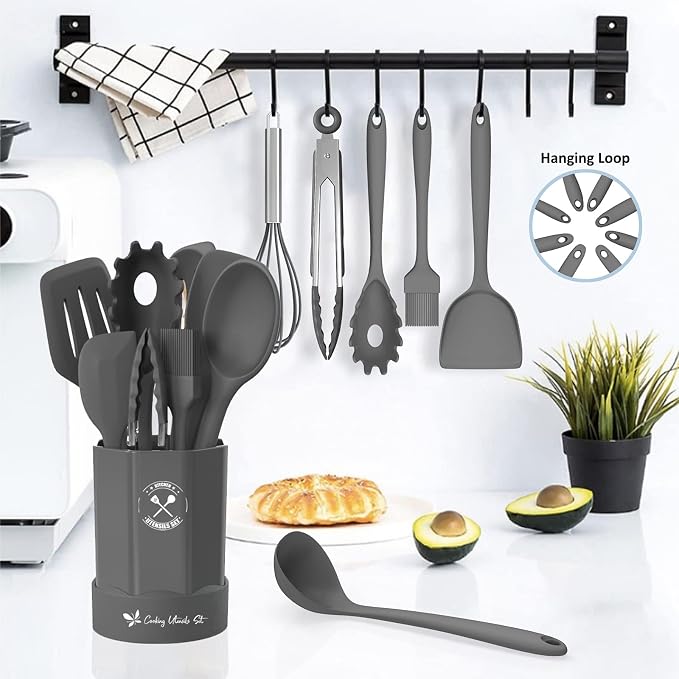 Silicone Kitchen Utensils Set, 16-Piece Silicone Cooking Utensils by Deedro | Heat Resistant Kitchen Tools Set with Holder, Nonstick Spatula Kitchen Gadgets for Cooking & Baking, Gray