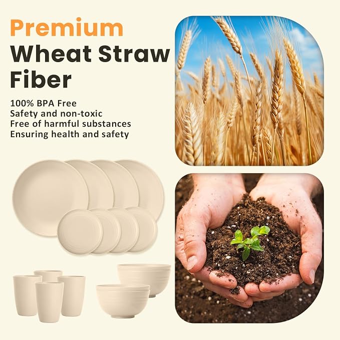 Premium Wheat Straw Dinnerware Sets, Lightweight & Unbreakable Plates and Bowls Sets,Cups,Service for 4,Dishwasher and Microwave Safe 16 PCS Dish Sets for Home，Camping- Beige