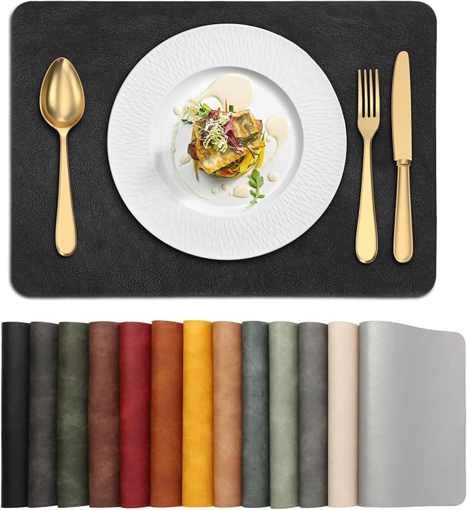 UnivoColors Placemats,Heat Resistant Placemats Set of 6 Washable 12x17 Inch,Waterproof Table Mats,Wipeable Pu Place Mats for Kitchen,Dining Room.Black.