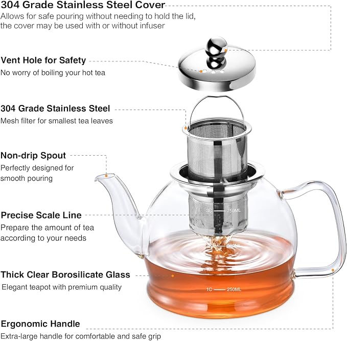 STNTUS Glass Teapot With Infuser, 27 oz / 800 ml for Loose Tea, Stainless Steel Strainer Teapots, Stovetop Safe
