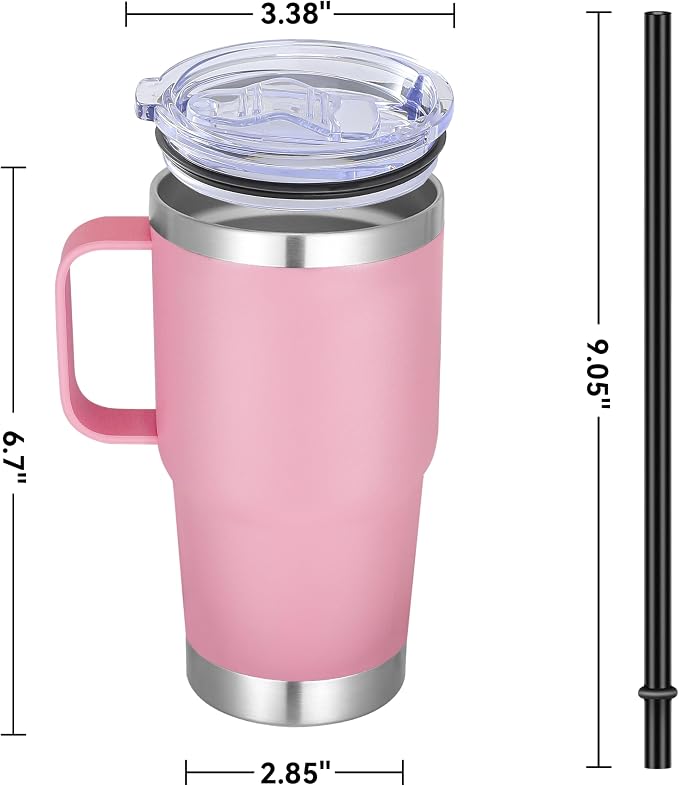 20 oz Stainless Steel Tumbler with Handle Bulk Metal Insulated Tumblers Travel Coffee Mug with Handle Double Wall Tumbler Cup with Lid and Straw, Pink 6 Pack