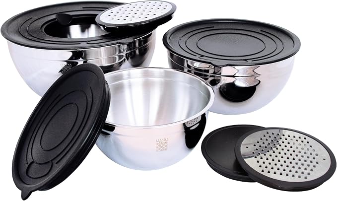 serenk Stainless Steel 9-piece Mixing Bowl Set with Airtight Lids, Nesting Bowls with 2 Graters, Non-slip Silicone Base, Dishwasher Safe, Size 1.42, 2.85, 4.86 QT for Food Storage, Black