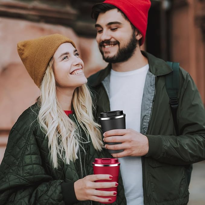 Insulated Coffee Tumbler 12 oz, Stainless Steel Coffee Mug with Lids, Travel Coffee Mug Leak Proof, Double Wall Vacuum Insulated Reusable Coffee Cup, Keep Drinks Hot and Cold (Red, 12 Ounces)