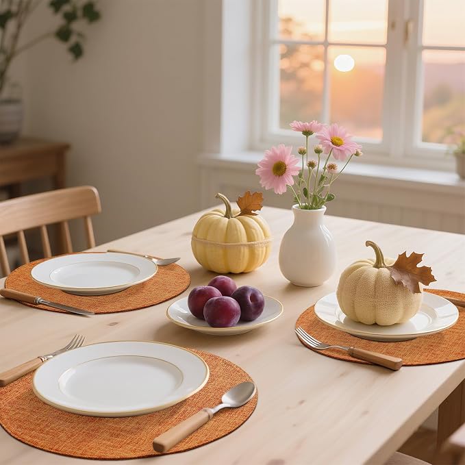 Cotton Linen 15 Inch Round Cloth Place mats, Set of 6, Orange | Washable Table Mats, Heat Resistant, Reversible, Wipeable Place Mats for Indoor Outdoor