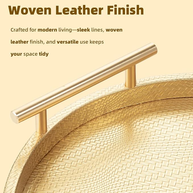 2 Piece Golden Round Serving Tray with Handles, Woven-Texture Faux Leather Ottoman Tray for Living Room, Decorative Tray for Coffee Table Home Decor
