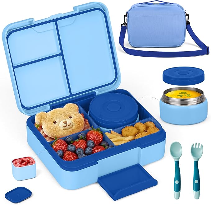 WyfKyd Bento Lunch Box Set with Soup Thermo Food Container for Kids Adults | Bento Box Set with 9.5oz Soup Thermo Kids Leak-proof Lunch Box Container with Insulated Hot Food Jar and Bag for School Blue