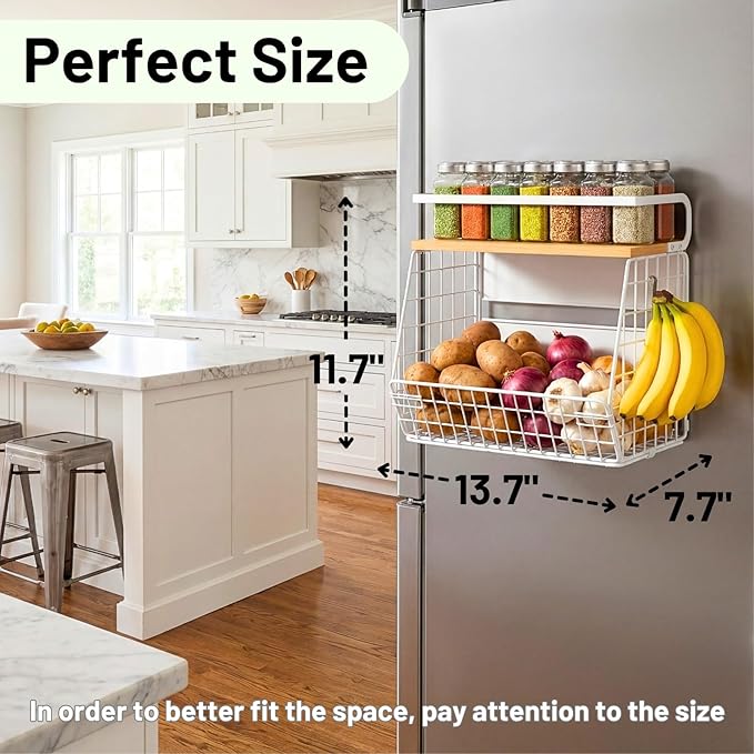 Magnetic Fridge Shelf with Wood Lid, Fruit Potato Onion Storage Bins, Pantry Organizers, Large Container Spice Rack for Refrigerator, Kitchen Counter, Cabinet (1, White)