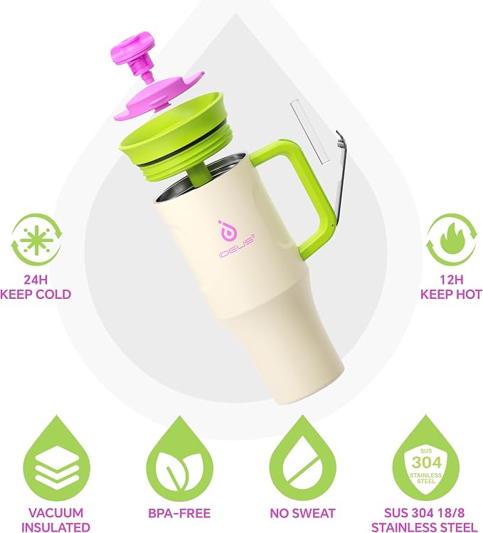 Ideus 32 oz Tumbler with Handle and Straw, Cream White | 100% Leak Proof, Double Wall Vacuum Insulated, Stainless Steel Travel Mug, Cup Holder Friendly