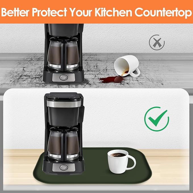 Silicone Coffee Maker Mat with Lip for Countertops, 24'' x 16'' Dark Green | Multi leak-proof coffee tray for countertop, non-slip silicone mat fits most coffee makers & espresso machines, wipe-clean