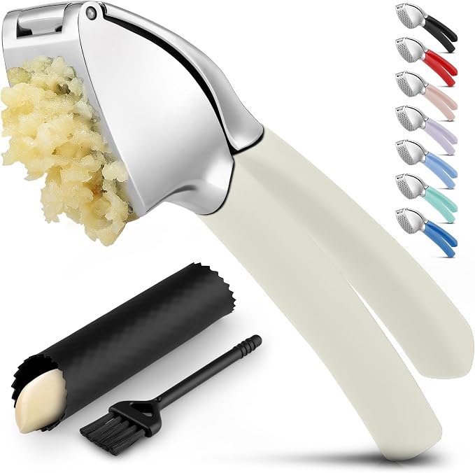 Zulay Kitchen Metal Comfort Grip Garlic Press | Garlic Mincer Tool - Garlic Crusher - Rust Proof Garlic Press, Ergonomic Handle, Easy Clean with Peeler and Brush - White