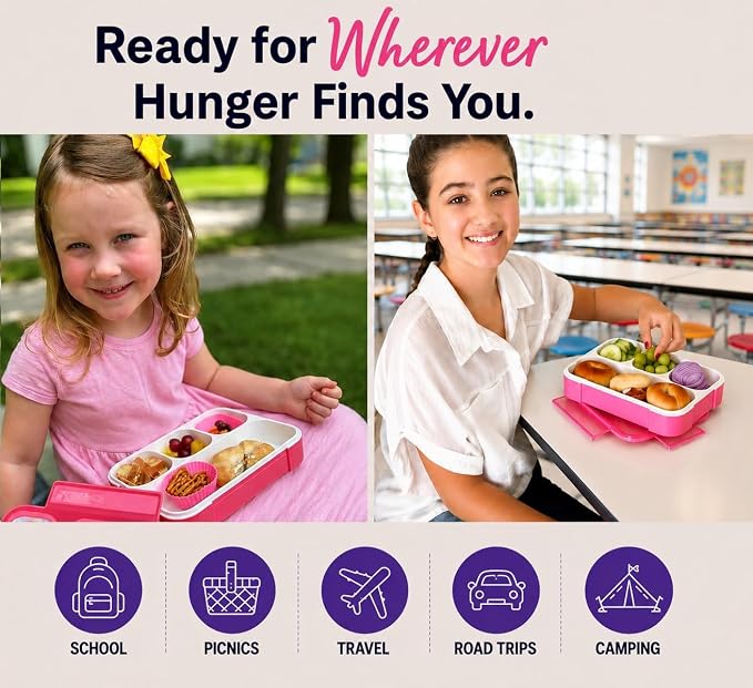 kinsho Bento Lunch Box Kids & Adults. Meal and Snack Containers for Boys, Girls for School Work Travel, 4 Sealed Divided Compartments, BPA Free, Utensils (Rose Pink, 1 Pack)