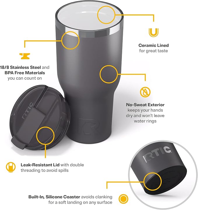 RTIC 40oz Essential Tumbler with Lid, Ceramic Lined, Graphite | Insulated, Stainless Steel Metal, Portable Travel Cup for Hot and Cold Drinks, Coffee, Car, Camping and Travel