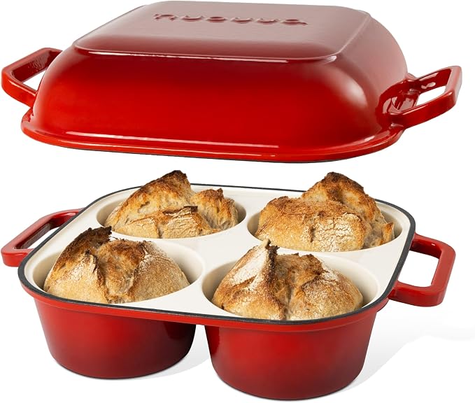 QuadPro Enamelled Cast Iron Bread Loaf Pot – Dutch Oven for Sourdough Bread Baking – 500°F Oven Safe Non Stick Bread Pot – 4 Round Loaf Spaces (4.90-inch Diameter), Red – by Nuovva