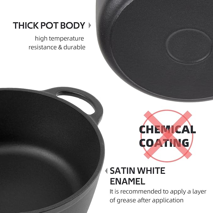 3 Quart Dutch Oven Enameled Cast Iron with Lid - Big Dual Handles - Oven Safe up to 500°F - Classic Round Pot for Versatile Cooking Matte Black(No Enameled)
