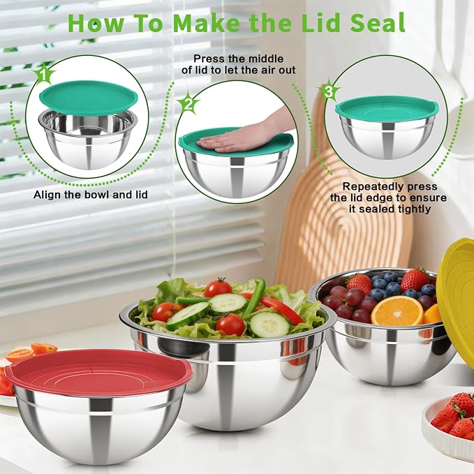 7 Pcs Stainless Steel Mixing Bowls with Colorful Lids Set Metal Salad Bowls | Nesting Design for Kitchen Mixing/preping/Saving, Size: 0.7, 1.1, 1.5, 2.1, 3.5, 4, 4.5Qt