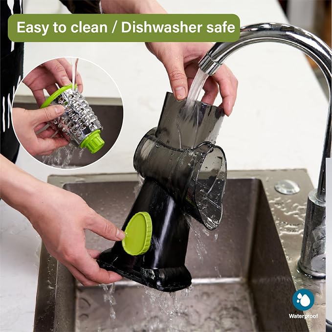 Rotary Cheese Grater hand crank 3 blades with Stronger Suction Base | Stainless Steel Blades for Fruits, Vegetables, Nuts. Dishwasher Safe & Easy to Clean, Transparent Black & Green