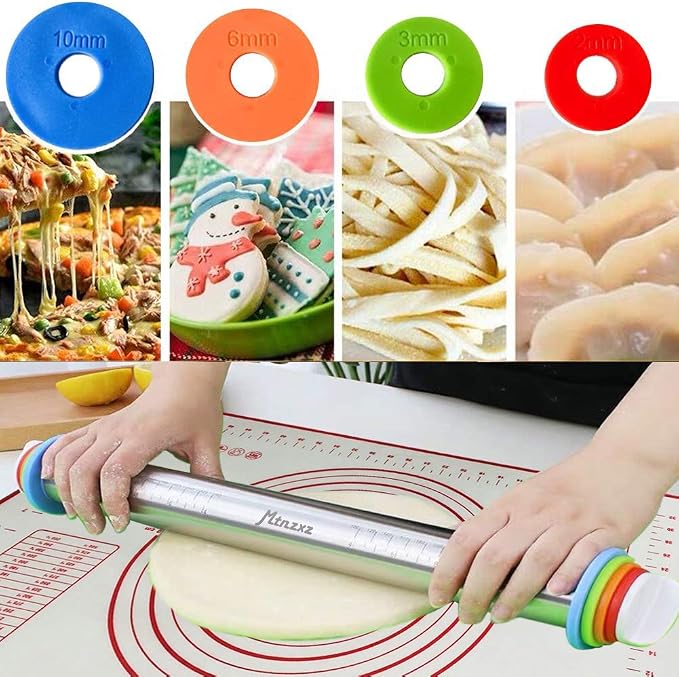 Rolling Pin and Silicone Pastry Mat Set with Adjustable Thickness Rings | Roll Dough to Perfect Size & Thickness, Stainless Steel Dough Roller for Baking Fondant, Pizza, Pie, Pastries, Pasta, Cookies
