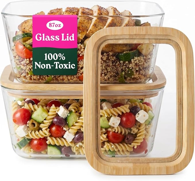 Large Glass Food Storage Containers with Glass Lids & Bamboo Rim – 87 Oz 2 Pack Plastic Free Glass Meal Prep Containers for Lunch, Eco Friendly Airtight Food Storage, Microwave & Oven Safe