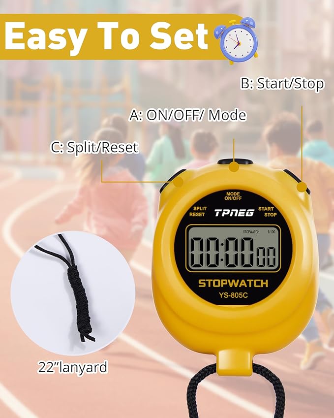 TPNEG Simple Stopwatch Timer - Easy to Use, Set Up, Read, and Carry - Large Display - On/Off, AAA Battery - Ideal for Coaches, Track and Field, Soccer Referees, Sports, Classroom