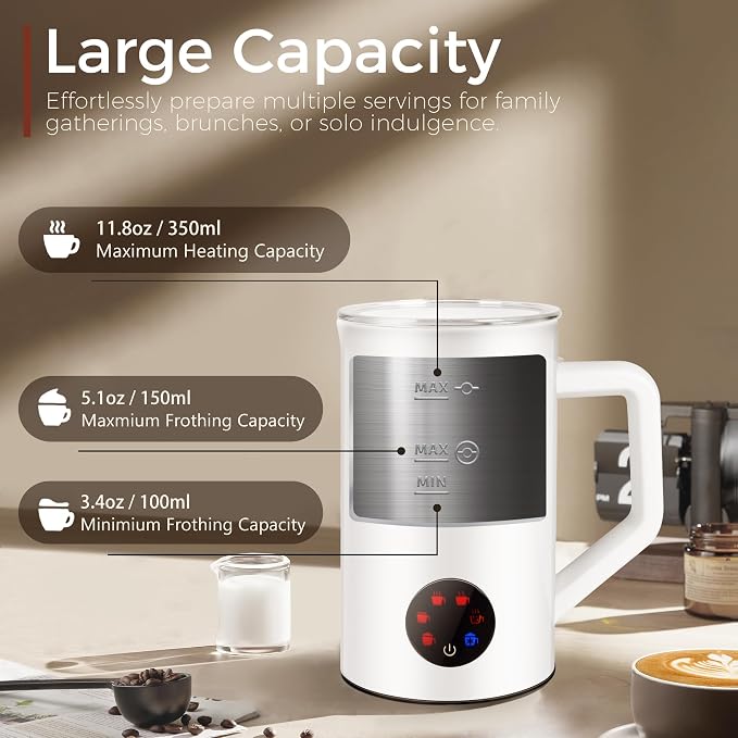 Milk Frother and Steamer, 6-in-1 Hot and Cold Foam Maker, Electric Milk Steamer with Auto Shut-Off, Pure White
