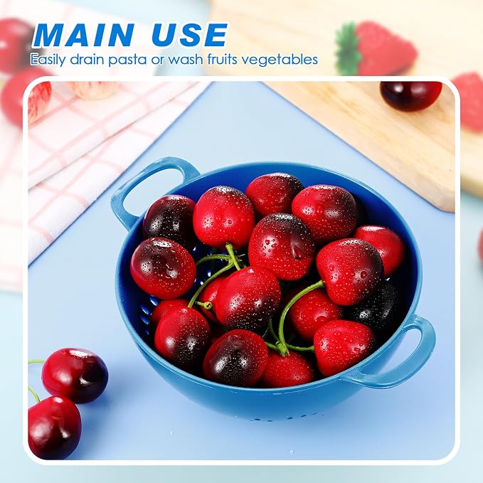 4 Pack Mini Colander for Kitchen Plastic Berry Strainer with Double Handles 7.5 x 6 x 3 Inch Small Colander Strainer for Fruits Vegetables Food (Green,Red,Blue,Lemon Yellow)