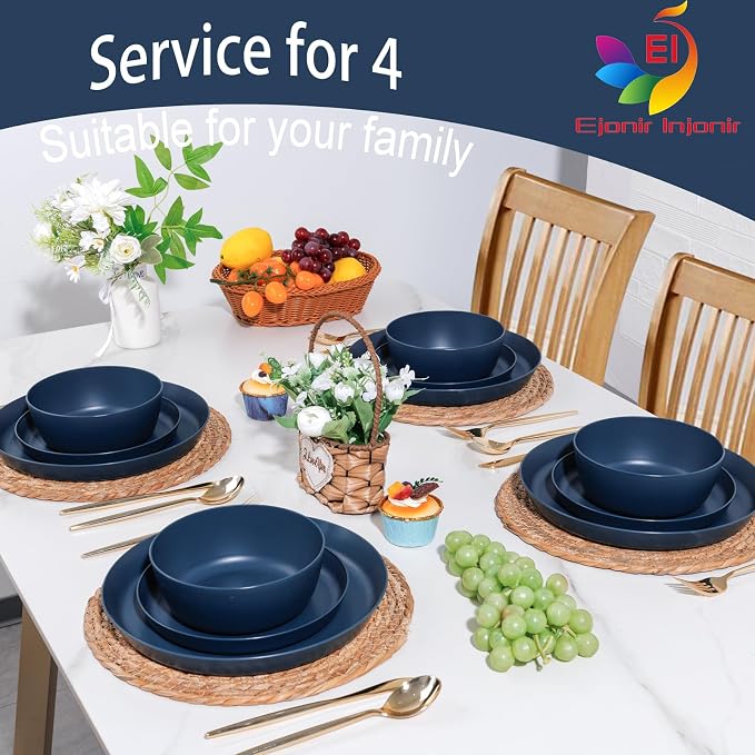 EjonirInjonir 12pcs Unbreakable Blue Dishes Set for Camping, Wheat Straw | Eco-Friendly, Reusable Wheat Straw Dinnerware Sets with Deep Wheat Straw Plates for Outdoor Family Picnic and RV Dining