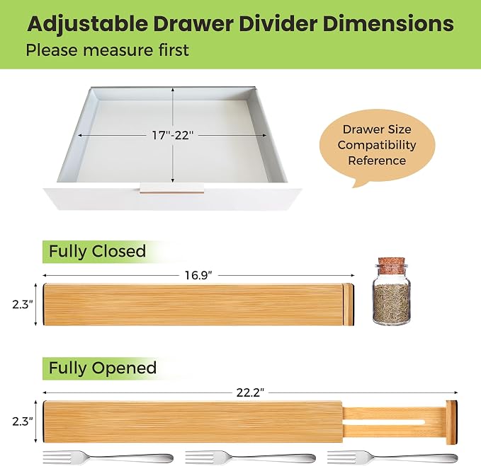 Fyvva Drawer Organizer, Spring-Loaded Expandable Bamboo Dividers 4-Pack | Large Kitchen Drawer Organizer, Adjustable 16.9 to 22.2 in, 2.3in High Non Slip for Kitchen Clothes Bathroom Office Natural