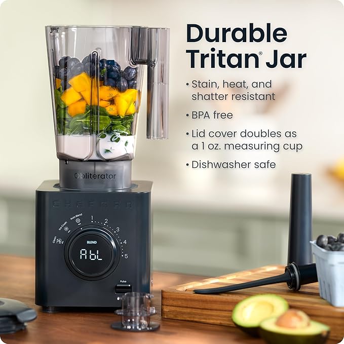 Chefman Obliterator 48 oz Countertop Blender for Smoothies, 1380W Motor to Crush Ice, Nuts, and Frozen Fruit with Stainless Steel Blade, Auto Blend Function, Includes 20 oz Travel Jar